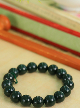 天然新疆和田玉山料青玉12mm手串手链古风男女手饰收藏高档礼品