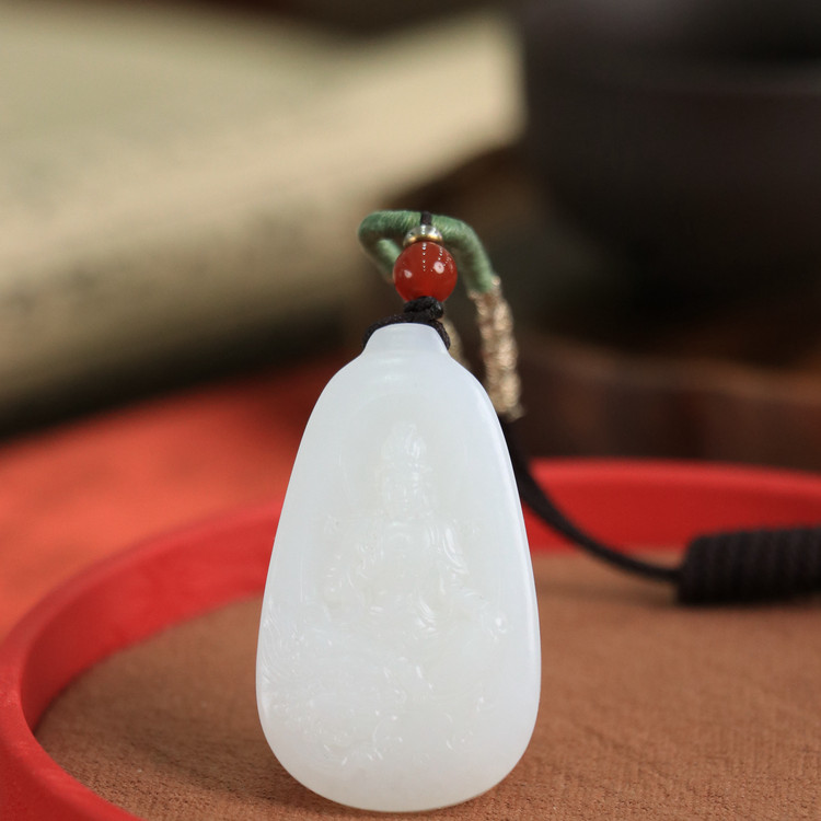 天然新疆和田玉羊脂级白玉文殊菩萨吊坠挂件男女士玉坠收藏礼品