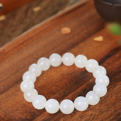 天然新疆和田玉山料羊脂级白玉12mm手串手链古风男女手饰收藏礼品