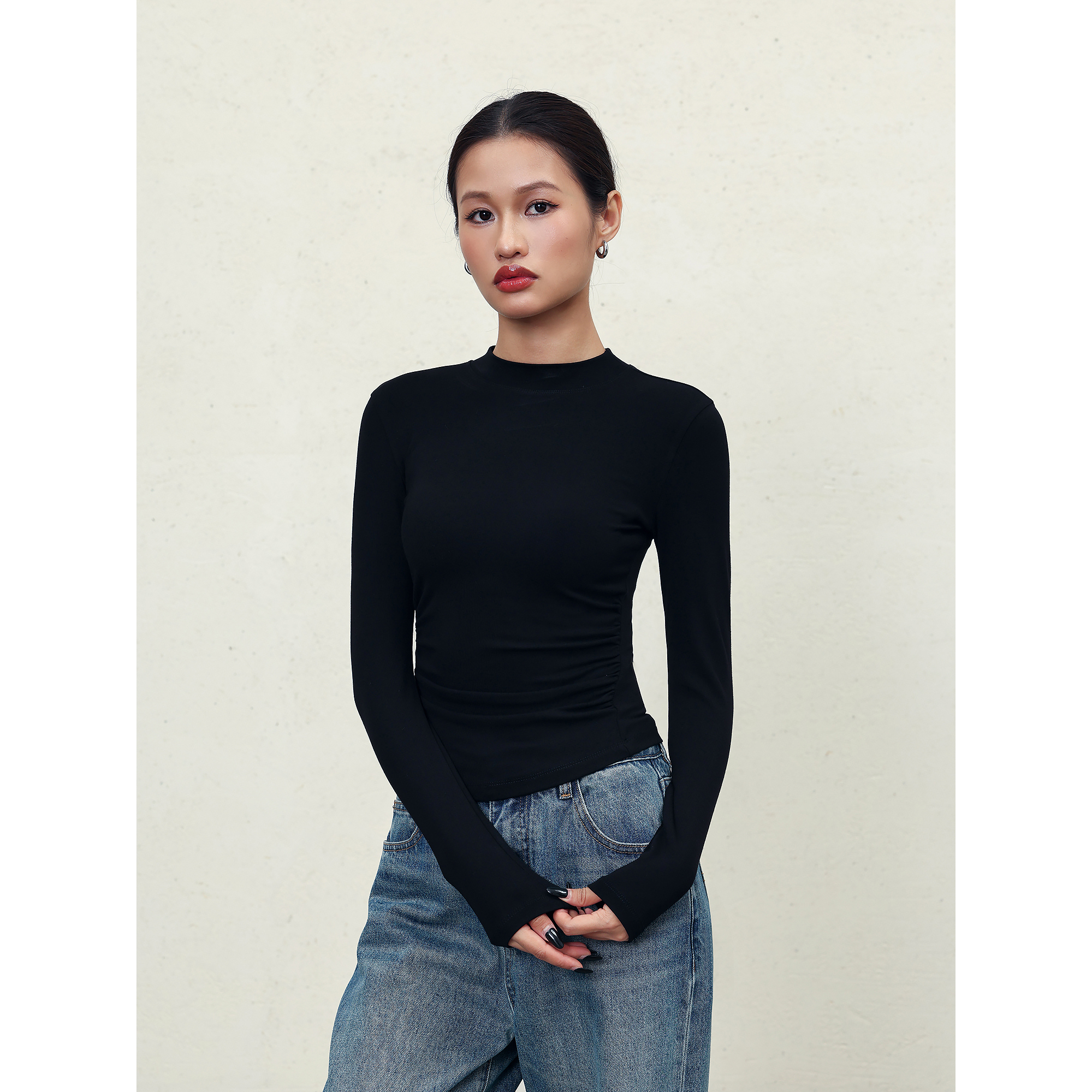 ousph 柔软时光 半高领针织打底衫女气质修身收褶长袖内搭T恤上衣