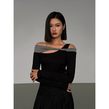 ousph撞色纽带一字领露肩打底针织衫女秋长袖修身性感辣妹T恤上衣