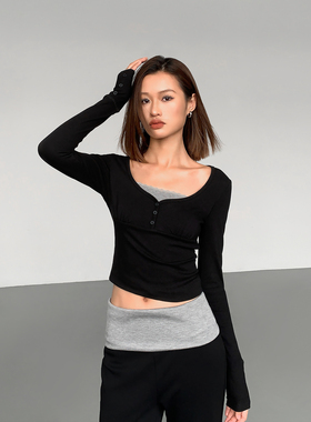 ousph【现货6折】黑拼灰色针织长袖打底假两件t恤女内搭修身上衣