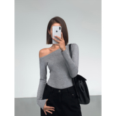 设计感修身 ousph针织长袖 斜肩t恤女秋冬新款 气质黑色打底内搭上衣