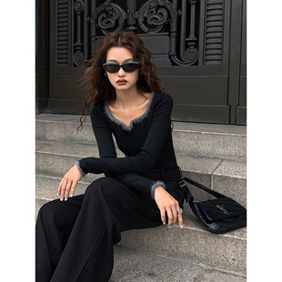 女修身 ousph 毛针织打底衫 黑色方领长袖 显瘦内搭上衣 现货6折