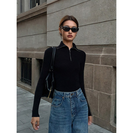 ousph 黑色polo领拉链长袖针织衫女2025春修身显瘦毛衣打底上衣