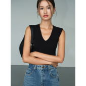 ousph黑色V领t恤女夏季 上衣 设计感性感美式 镂空露背白色修身 法式