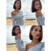 ousph 辣妹上衣 t恤女修身 现货7折 针织蓝色斜露肩设计性感长袖