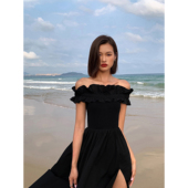 一字肩连衣裙女白夏法式 ousph 黑色气质法式 海边度假收腰开叉长裙