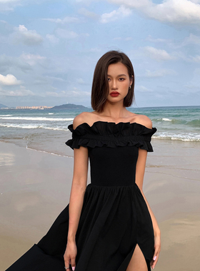 ousph 黑色气质法式一字肩连衣裙女白夏法式海边度假收腰开叉长裙
