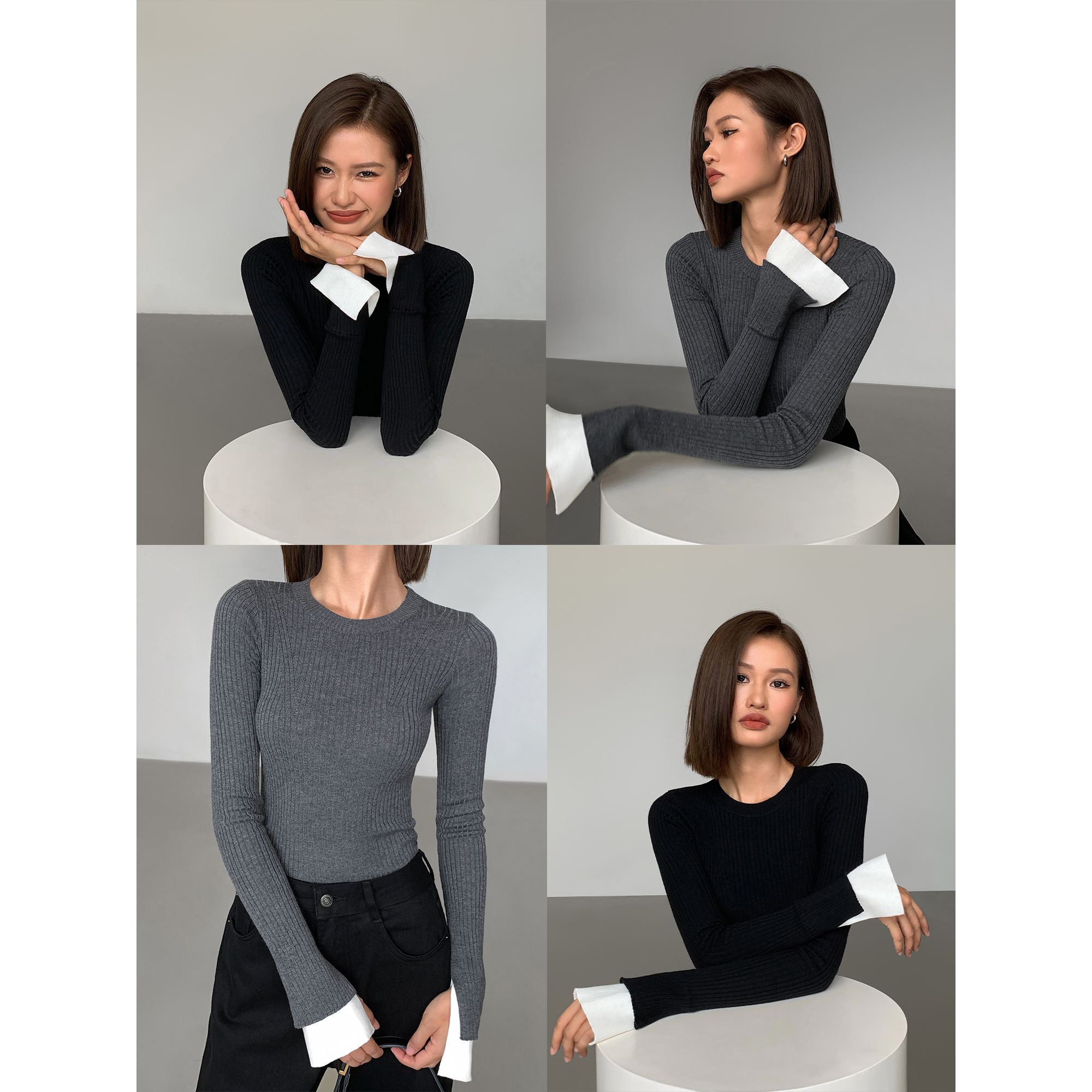 羊毛圆领套头拼色修身打底衫