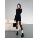 法式 一字肩连衣裙女秋款 收腰显瘦裙子 黑色小众气质性感长袖 ousph