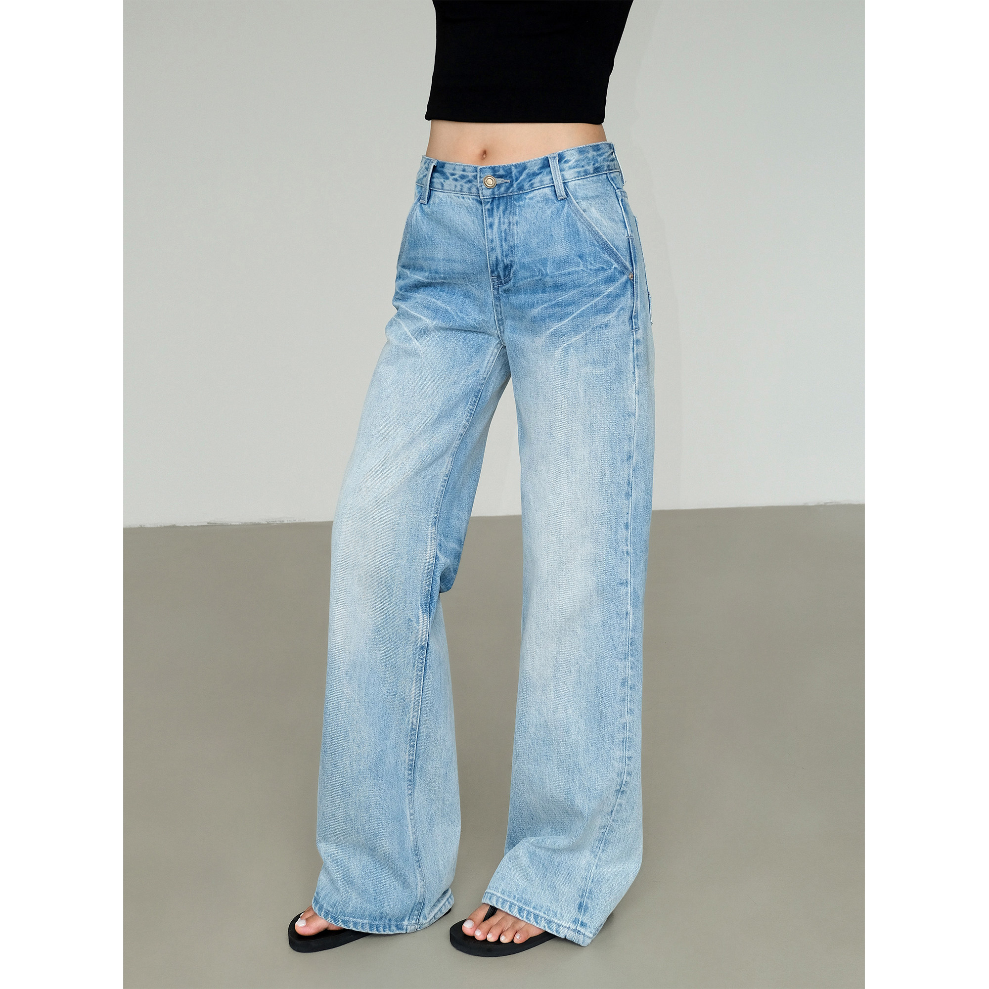 ousph 复古做旧阔腿牛仔裤女斜插口袋枪花水洗纹理宽松低腰长裤,女装/女士精品,牛仔裤,淘宝优惠券,粉丝福利购,淘宝优惠卷