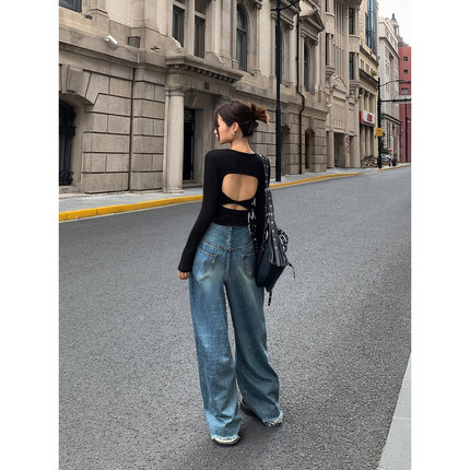 ousph黑色方领针织打底衫女春秋款露背设计感修身显瘦长袖T恤上衣