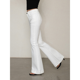 設計感小眾高腰修身 ousph 白色微喇叭牛仔褲 女夏季 復古喇叭長褲