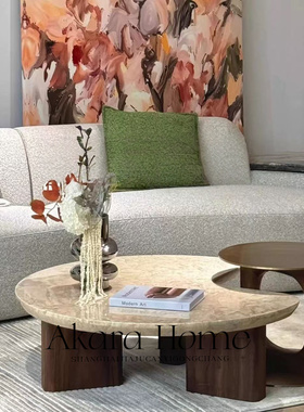极简奢石圆形茶几设计师高级感小户型大理石组合茶几法式中古茶几