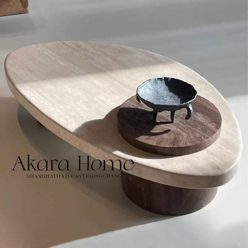 中古侘寂风天然洞石茶几设计师异形咖啡桌家用长方形茶桌简约意式