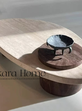中古侘寂风天然洞石茶几设计师异形咖啡桌家用长方形茶桌简约意式