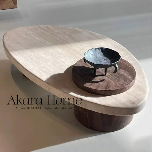 中古侘寂风天然洞石茶几设计师异形咖啡桌家用长方形茶桌简约意式