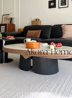 中古风实木茶几家用客厅异形茶桌设计师款洞石岩板轻奢复古风茶几