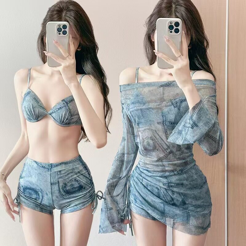 女士分体泳衣牛仔纹印花聚拢比基尼系带裙裤罩衫纯欲风游泳衣