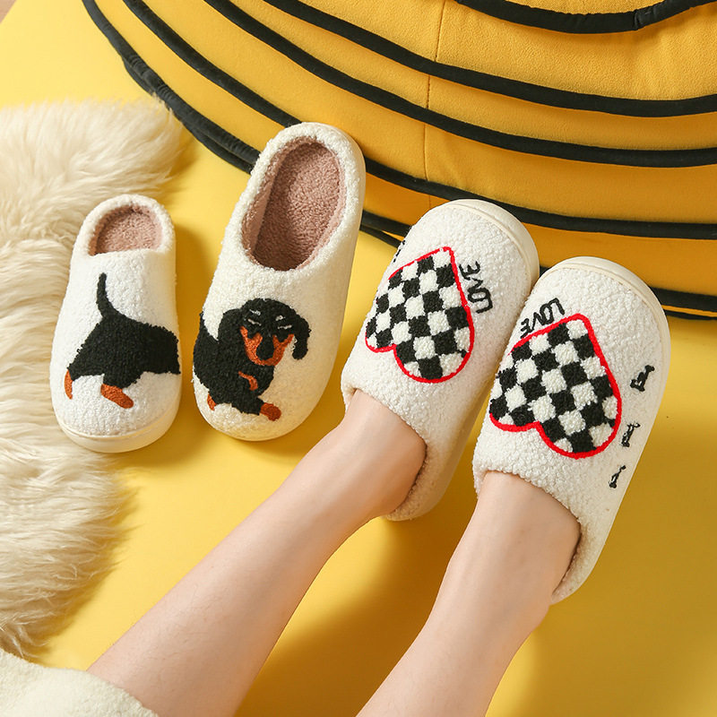 万圣节跨境黑白棋盘格桃心蜘蛛棉拖个性创意拼接小狗保暖拖鞋