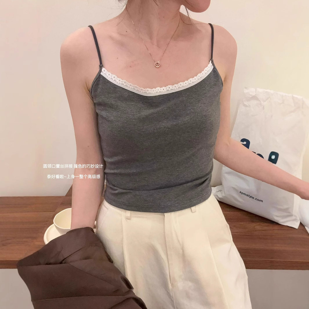 高级感蕾丝花边小吊带背心女夏季新款纯欲无袖上衣外穿带胸垫美背