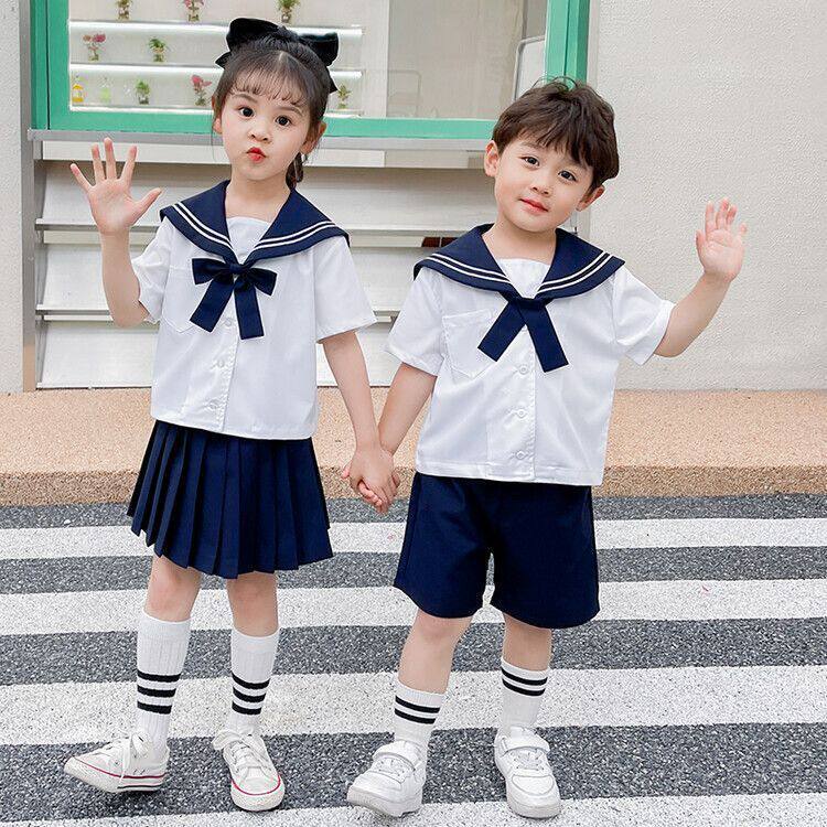 男女童海军风短袖短裤百褶裙套装夏儿童宝宝幼儿园演出服校服园服