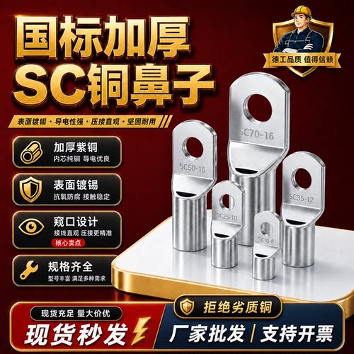 SC窥口铜鼻子冷压接线端子紫铜镀锡线鼻子压线线耳电线接头10-6-8