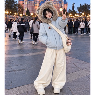 棉服女款2026新款冬季加绒加厚韩系小个子小熊毛毛派克服棉衣外套