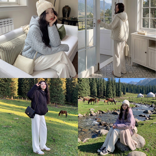 ins风菱格纹轻薄外套韩系棉服女