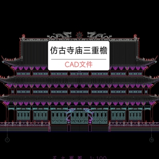 中式营造三重檐斗拱歇山顶大雄宝殿建筑图九开间CAD仿古设计素材