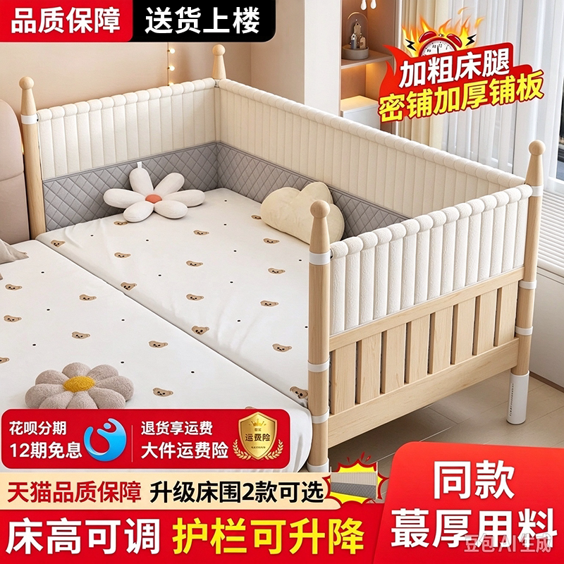 实木拼接床加宽大床边神器侧边床宝宝床可升降带护栏儿童床婴儿床