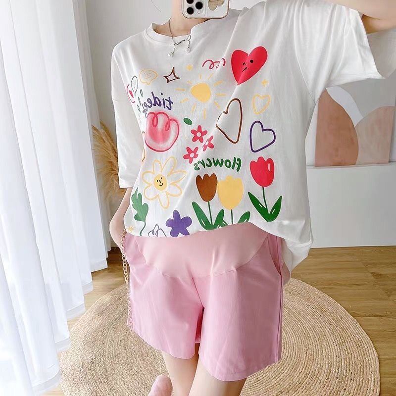PREGNANT WOMEN SUMMER SHORT SLEEVE T-SHIRT PLUS SIZE LOOSE TOP WOMENS SUMMER SHORTS SET GO OUT SUMMER TWO-PIECE SET