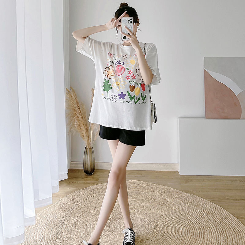 PREGNANT WOMEN SUMMER SHORT SLEEVE T-SHIRT PLUS SIZE LOOSE TOP WOMENS SUMMER SHORTS SET GO OUT SUMMER TWO-PIECE SET
