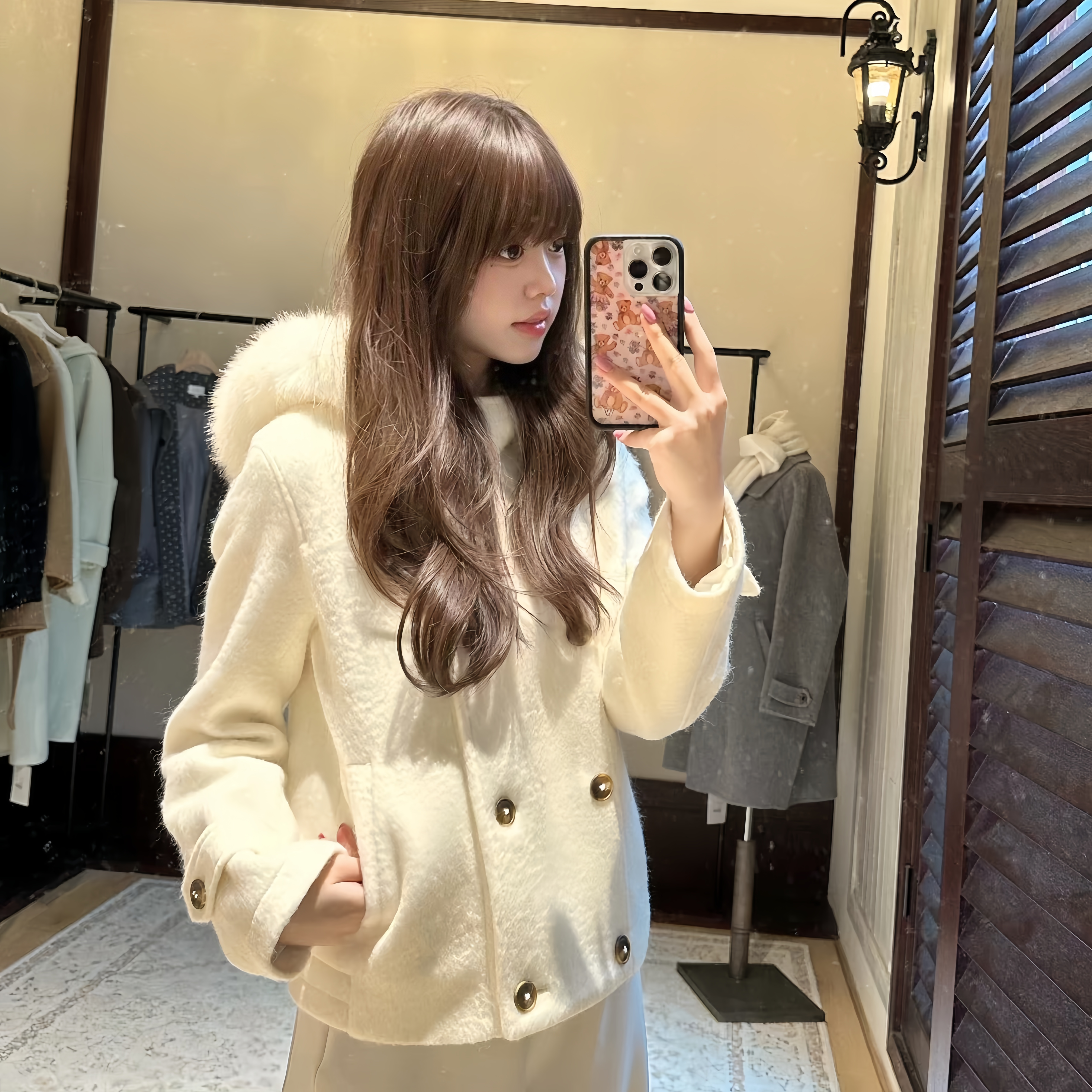 双排扣甜美大毛领连帽加绒毛呢女2026冬季新款设计感宽松呢子大衣