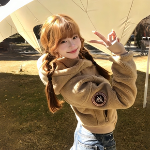 美式羊羔毛连帽棉服女2026年冬季新款短款修身小个子保暖棉衣外套