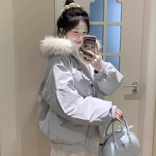 小个子大毛领派克服加厚宽松外套 新款 休闲工装 羽绒棉服女2025冬装