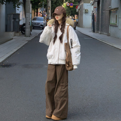 大毛领连帽棉服女2025冬季新款宽松加厚工装高级感宽松小个子外套