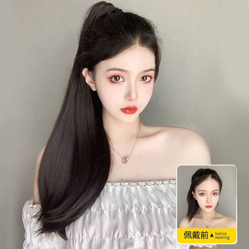 假发女夏马尾抓夹大波浪网红高马尾自然假马尾绑带微卷长发尾辫子
