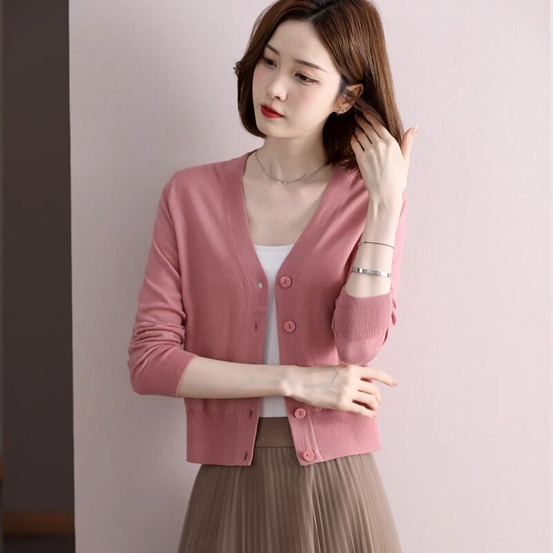 时尚朗姿2026春秋新款羊毛针织开衫薄款女小个子粉色外搭毛衣外套