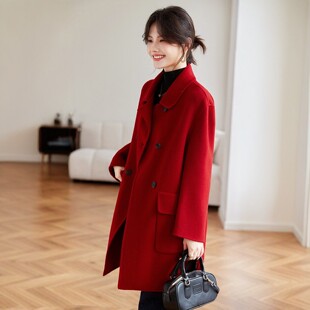时尚朗姿2026秋冬新款法式红色双面零羊绒大衣女中长羊毛呢子外套