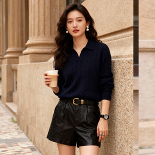 时尚朗姿复古POLO领麻花羊毛衫女秋冬慵懒风高级感宽松毛衣针织衫