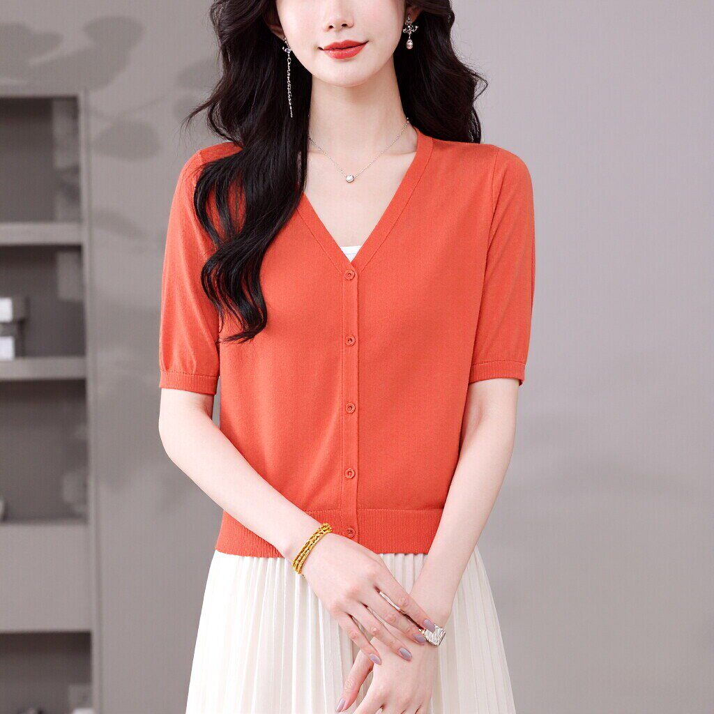 时尚朗姿夏季橘红色V领短袖桑蚕丝针织开衫女薄款百搭外搭配裙子