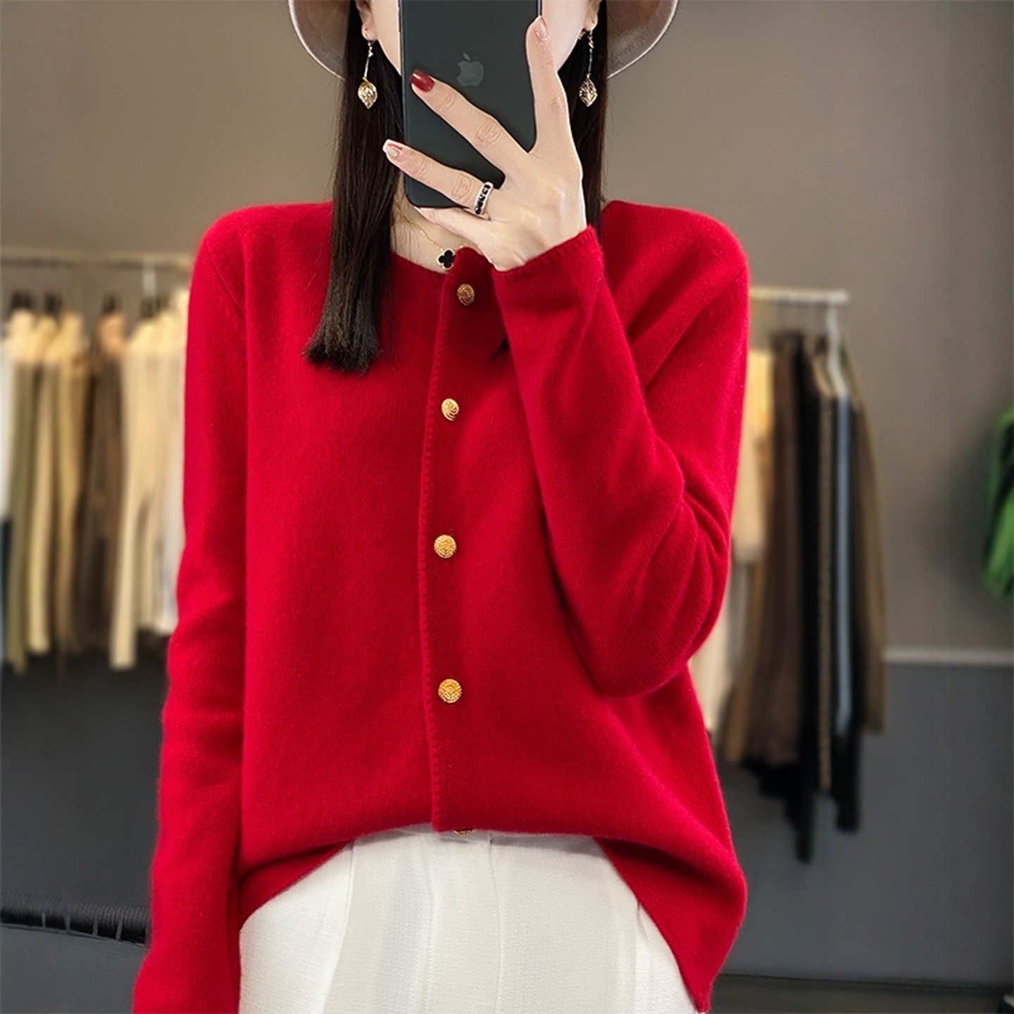 时尚朗姿秋冬新款红色百搭纯羊绒针织开衫女圆领宽松长袖毛衣外套,女装/女士精品,羊绒衫,淘宝优惠券,粉丝福利购,淘宝优惠卷