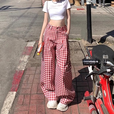 Y2K风红白格纹拼色女生休闲裤