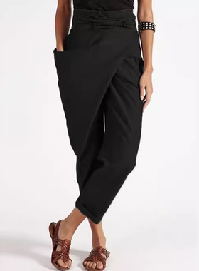 纯色不规则系带休闲九分裤Irregular lace-up casual capri pants
