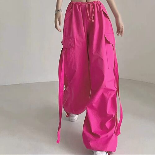 玫红色飘带低腰工装裤