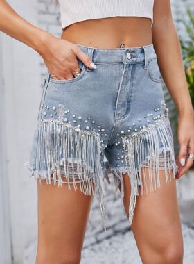 高腰镶钻流苏牛仔短裤  Diamond-encrusted fringed denim shorts