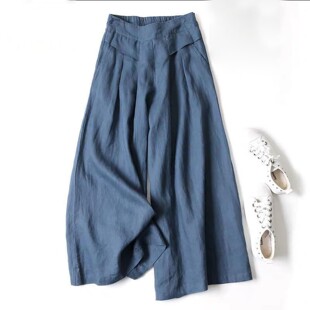 薄款棉质阔腿半松紧腰九分裤Thin cotton wide-leg cropped pants