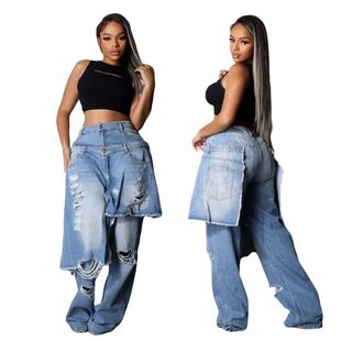 女休闲破洞围裙式直筒牛仔裤Casual Apron Overlay Ripped Jeans